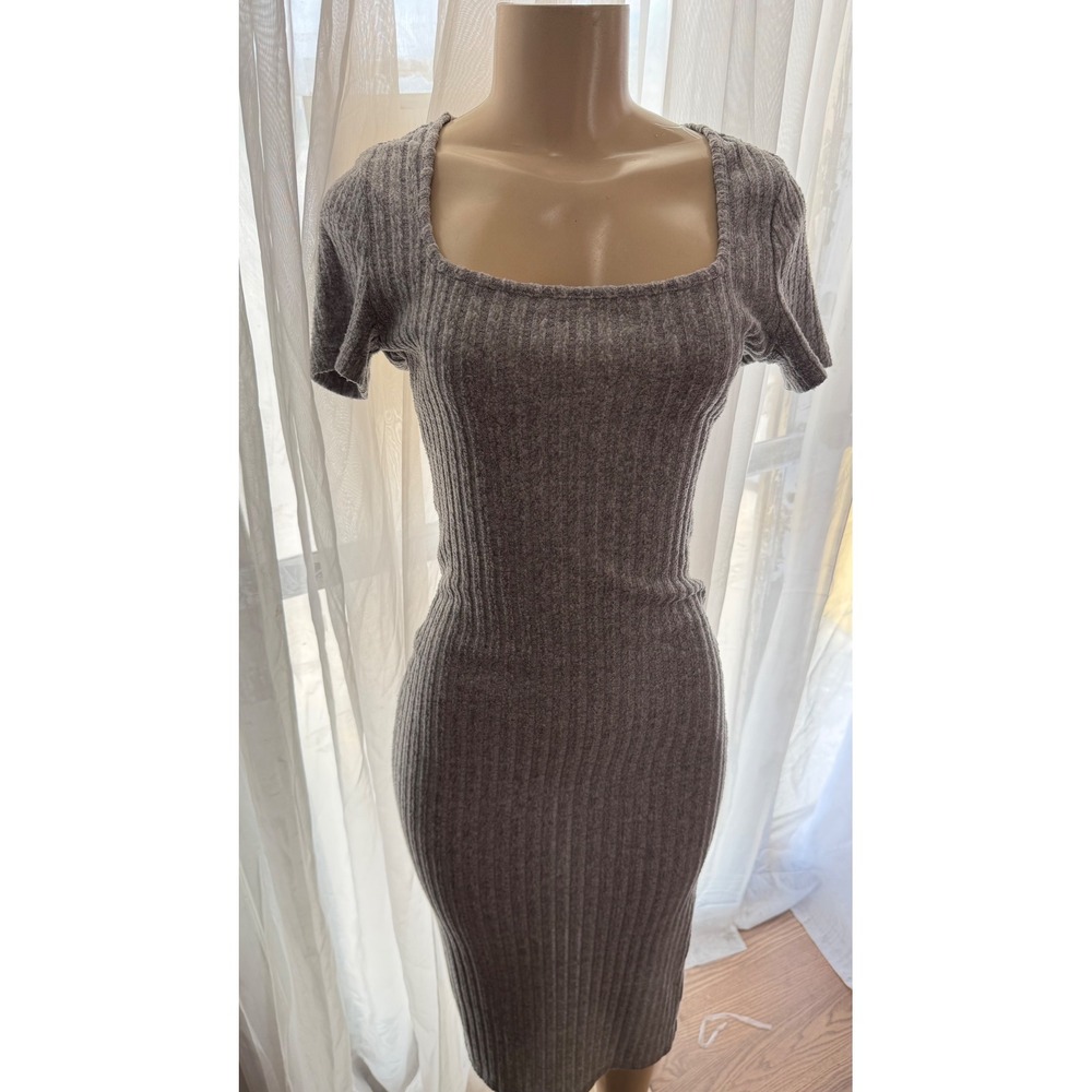 SHEIN Womens Grey Ribbed Knit Square Neck Short Sleeve Bodycon Midi Dress Size S